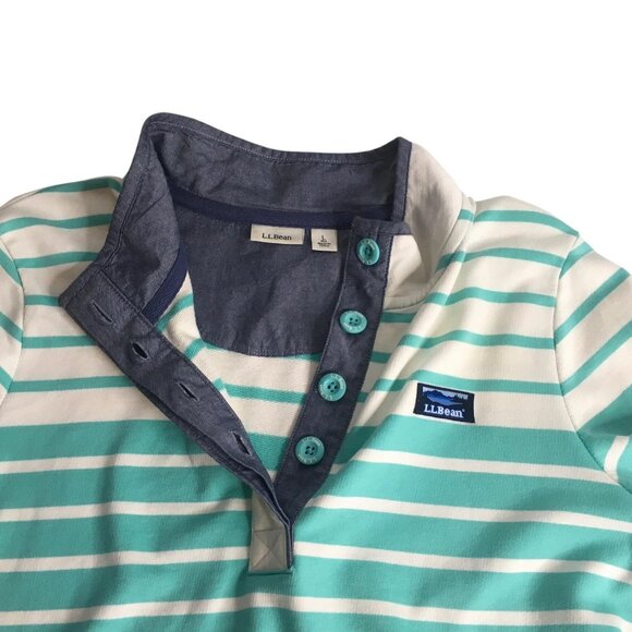 L.L.Bean Rugby Pullover Womens Large Green White Striped Henley Long Sleeve Top - Picture 9 of 16